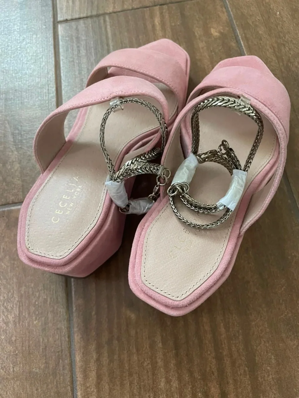 CECILIA NEW YORK Baleves Pink Suede Platform Wedge Sandals with Chain Strap